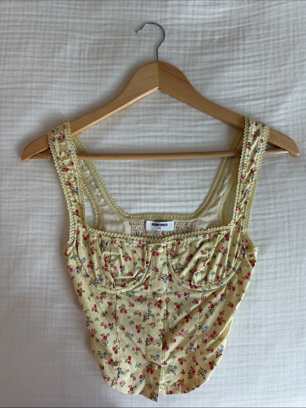 Rumored Yellow Floral Lace-Trim Bustier Crop